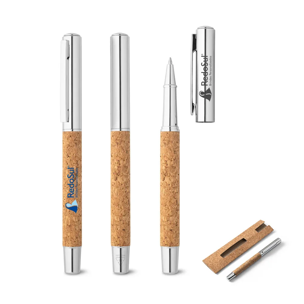 RD 91783-Caneta personbalizada escrita Roller com corpo em aço inox e cortiça RD 91783-Caneta personbalizada escrita Roller com corpo em aço inox e cortiça